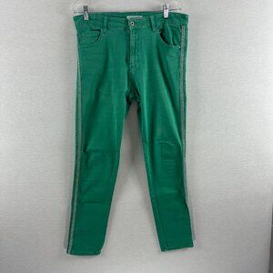 UNISONO WOMEN'S GREEN / MINT SLIM LEG FIVE POCKETS SIDE BEADED STRIPES SIZE XL